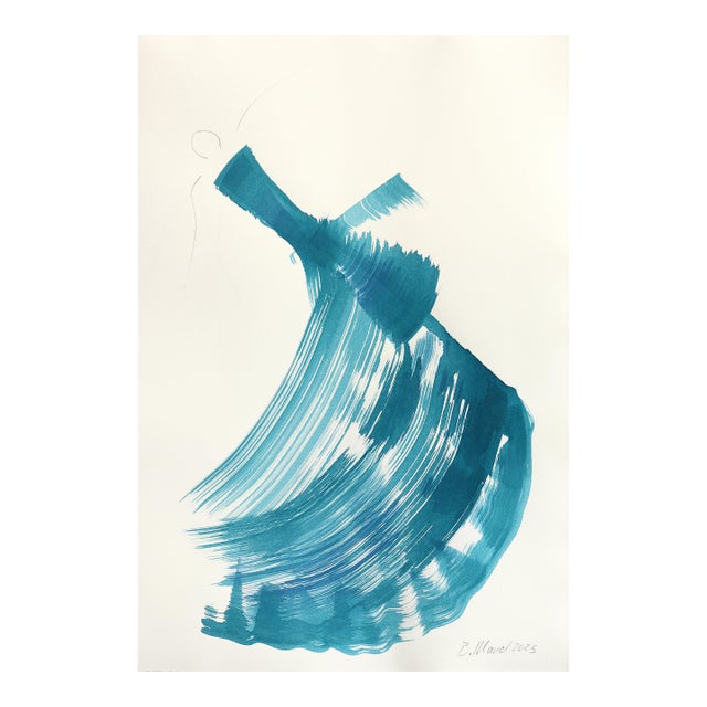 The Cyan Dress 5 - Abstract Flowy Minimalist Figurative Ink Painting on Paper Original Artwork by Bettina Mauel For Sale