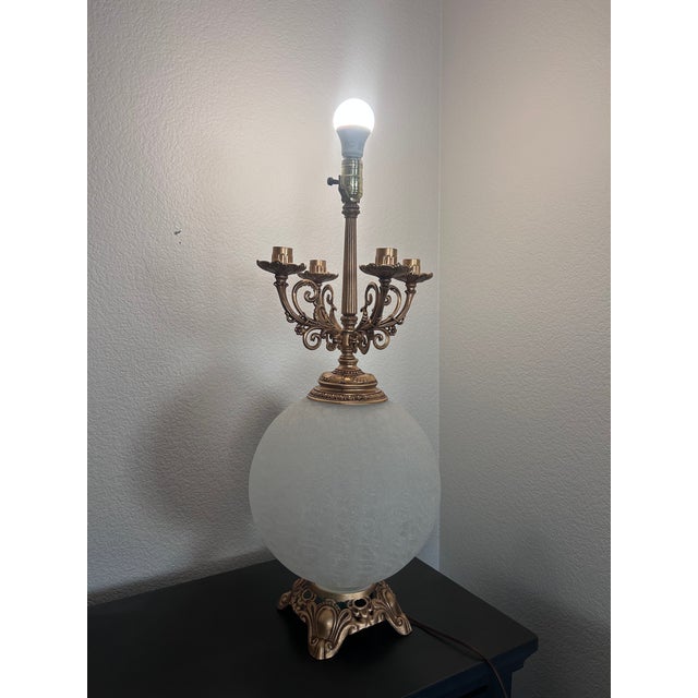 1960s Hollywood Regency Candelabra Table Lamp With Frosted Crackle Glass Globe For Sale - Image 9 of 10