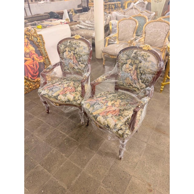 Rococo Early 19th Century Mahogany Fauteuil Romeo & Juliet Tapestry Armchairs For Sale - Image 3 of 8