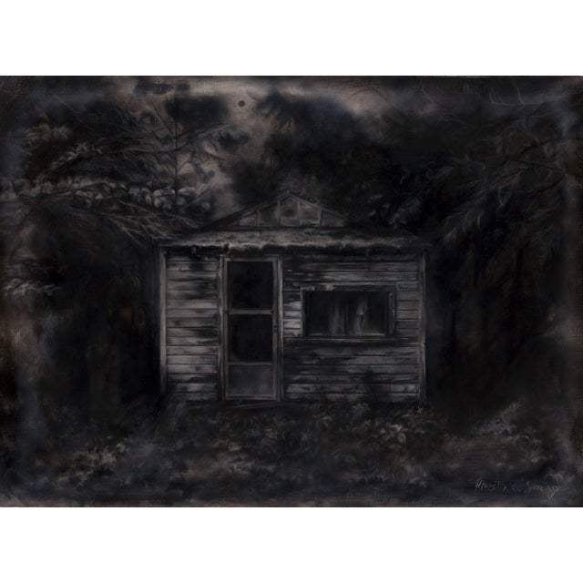 This oil painting depicts a weathered cabin nestled within a shadowy forest, evoking a sense of nostalgia and solitude....