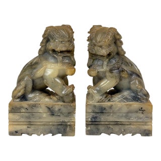Antique Traditional Chinese Soapstone Foo Dog Bookend Sculptures - A Pair For Sale
