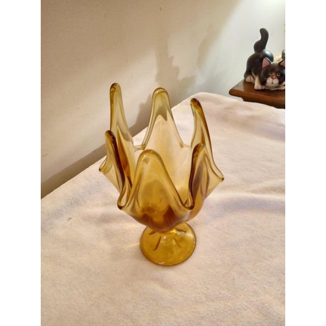 Viking Glass Company Vintage 1960's Viking Epic "Six Petal" Amber Footed Base 8 1/4" For Sale - Image 4 of 5