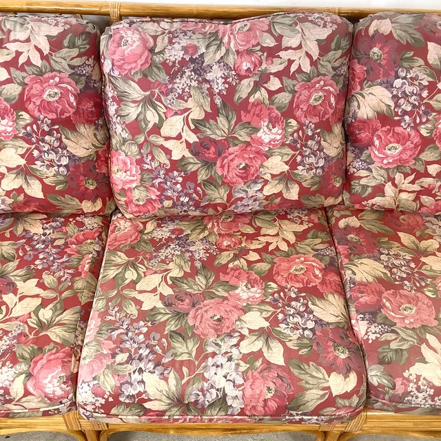 Vintage Palm Beach Style Rattan Sofa With Architectural Lattice Back For Sale In Philadelphia - Image 6 of 18