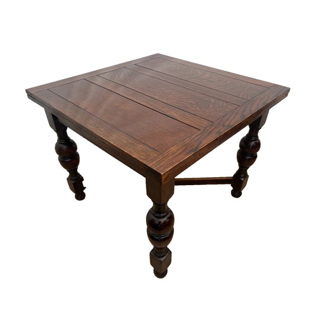 Farmhouse Early 20th Century English Tudor Expansion Table Turned Baluster Legs Quarter Sawn Oak, X-Stretcher For Sale - Image 3 of 16
