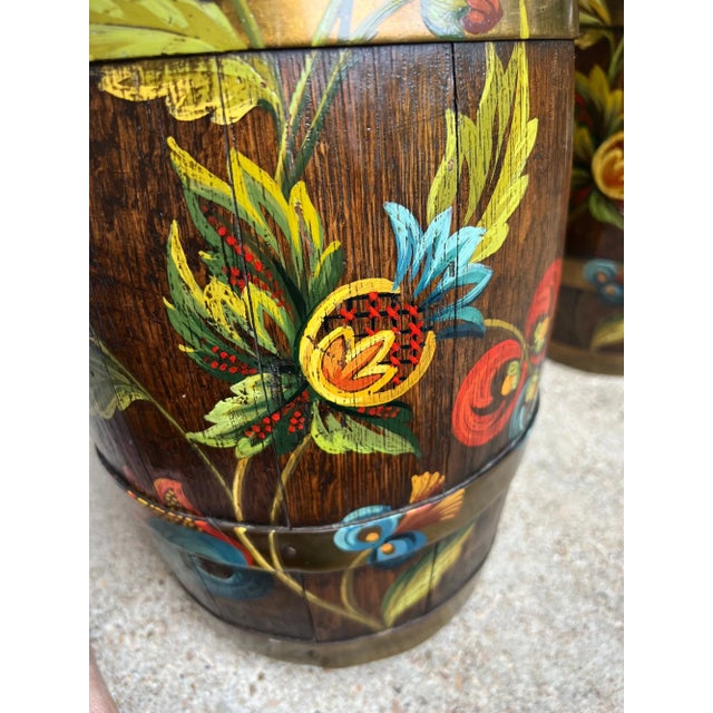 Pair Set Antique English Oak Barrel Jardinière Planter Rosemaling Hand Painted For Sale - Image 16 of 18