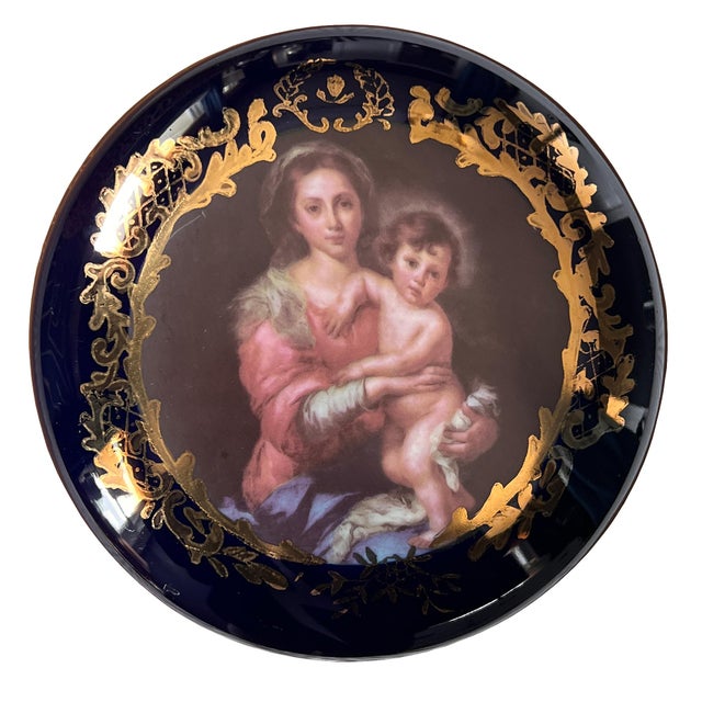 Round Cobalt Blue Madonna and Child Hinged Trinket Box Limoges China For Sale - Image 12 of 13