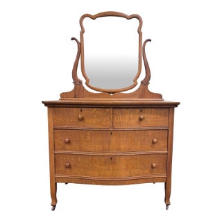 Antique Victorian Quarter Sawn Tiger Oak Serpentine Dresser With Mirror For Sale