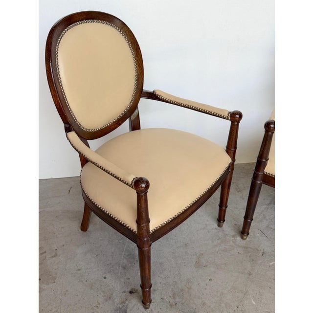 Textile Set of 4 Baker Milling Road Neoclassical Mahogany & Parchment Leather Armchairs For Sale - Image 7 of 17