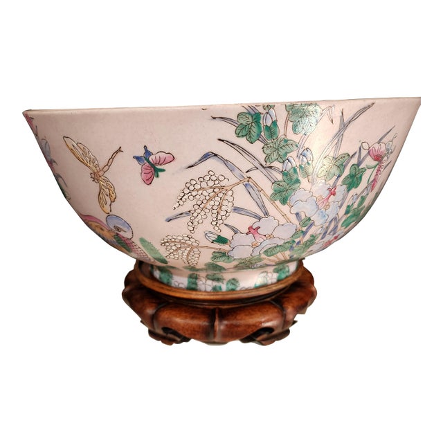 Mid 20th Century Large Chinese Famille Rose Porcelain Bowl With Birds, Lotus & Butterflies on Carved Wood Stand For Sale