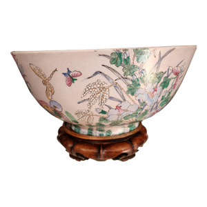 Mid 20th Century Large Chinese Famille Rose Porcelain Bowl With Birds, Lotus & Butterflies on Carved Wood Stand