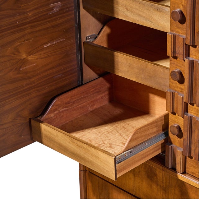 Paul Evans Style Mid Century Canadian Brutalist Walnut Pedestal Armoire Highboy Dresser For Sale In Chicago - Image 6 of 8