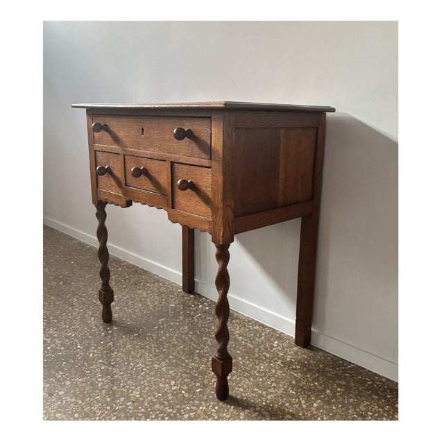 Brown Oak Side Table with Drawers and Turned Legs, 1930s For Sale - Image 8 of 8