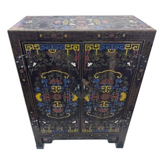 Vintage Asian Black Polychrome Chinoiserie Storage Cabinet Hand Painted Motif For Sale
