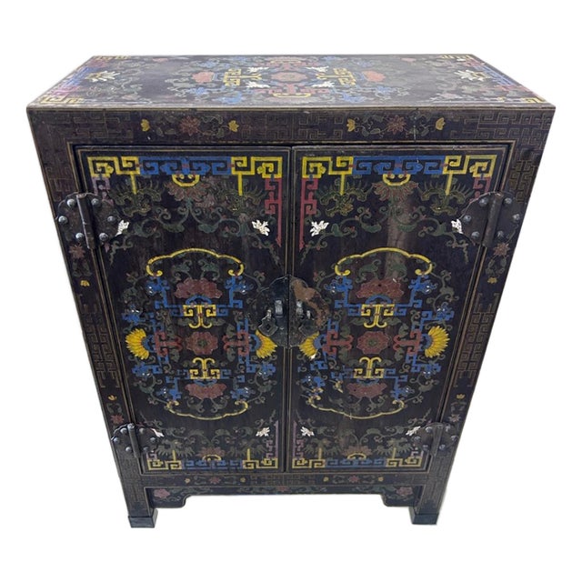 Vintage Asian Black Polychrome Chinoiserie Storage Cabinet Hand Painted Motif For Sale