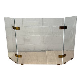 Jacques Adnet 3 Panel Tempered Glass Fire Screen & Brass Hardware France 1970 For Sale