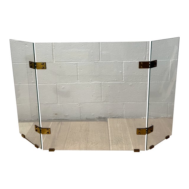 Jacques Adnet 3 Panel Tempered Glass Fire Screen & Brass Hardware France 1970 For Sale