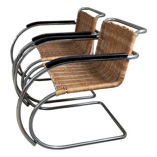 Rattan and Chromed Tubular Metal Lounge Chairs by Ludwig Mies Van Der Rohe, Set of 2 For Sale