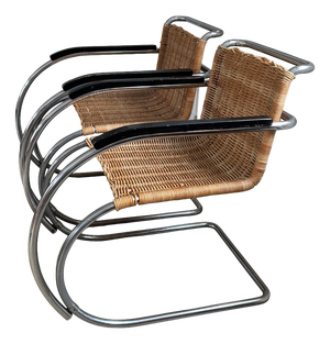 Rattan and Chromed Tubular Metal Lounge Chairs by Ludwig Mies Van Der Rohe, Set of 2