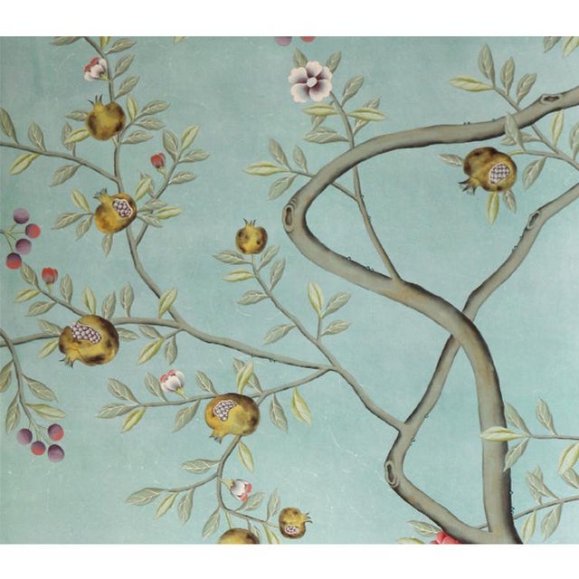 Hand Painted Soft Mint Chinoiserie Peacock Pomegranate Floral Mural 2-Panel Set For Sale - Image 4 of 6