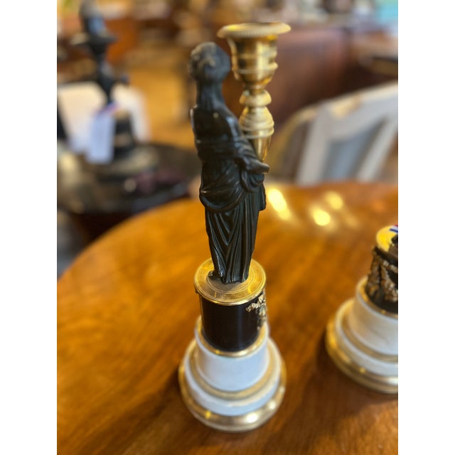 Early 19th Century Circa 1800 Pair of Gilt Bronze French Candelabras (Female Figure on Marble Base) For Sale - Image 5 of 9