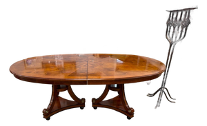 Vintage Neoclassical Regency Style Cherry and Burl Wood Pedestal Oval Dining Table With 2 Leaves