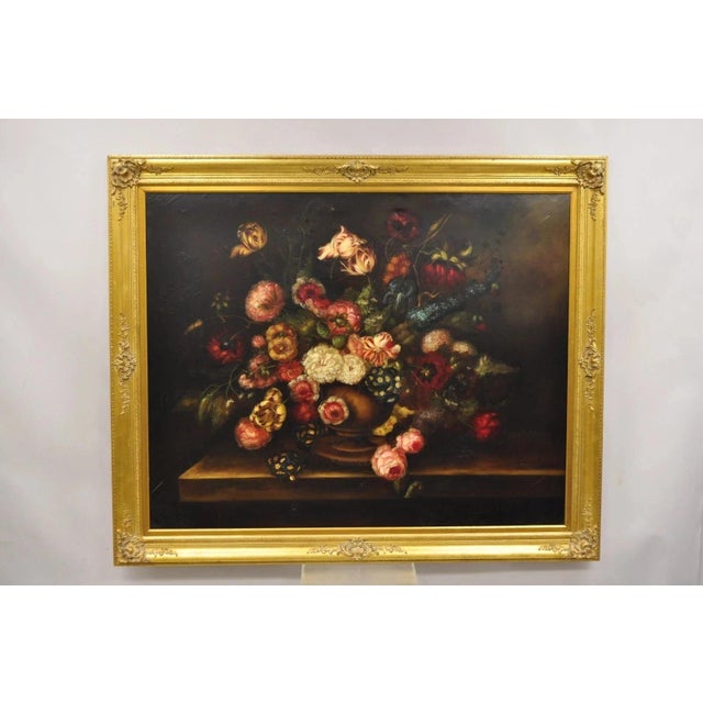 Late 20th Century Large French 58 X 70 Gold Frame Still Life Oil Painting With Bouquet of Flowers For Sale - Image 9 of 12