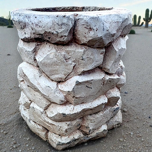 Sculpture Materials 1986 White Washed Faux Stacked Riverstone Outdoor Cement Planter For Sale - Image 7 of 14