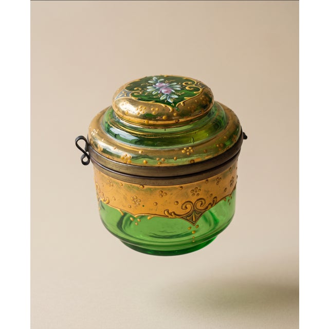 Victorian Victorian Moser Art Green Glass and Enamel Bohemian Dresser Box For Sale - Image 3 of 13