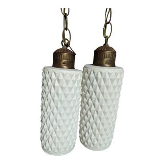 1960s Staggered White Diamond Cut Pendant Lamps - a Pair For Sale