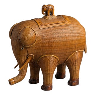 Vintage Woven Rattan Elephant Storage Box For Sale