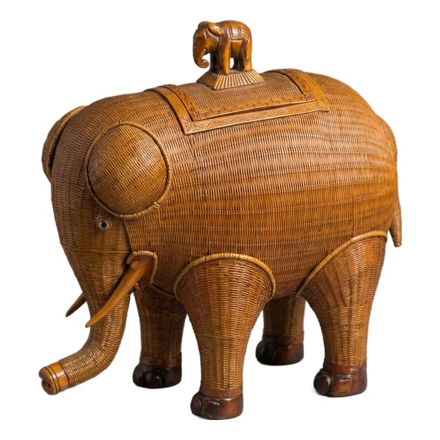 Vintage Woven Rattan Elephant Storage Box For Sale