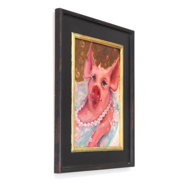 Figurative Bubbles - Original Pig Portrait Oil Painting in Gold Frame by Kyle Paliotto For Sale - Image 3 of 10