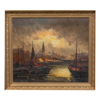 Peter Brouwer, with Scene of Amsterdam Montelbaanstoren, 1960s, Oil on Canvas For Sale
