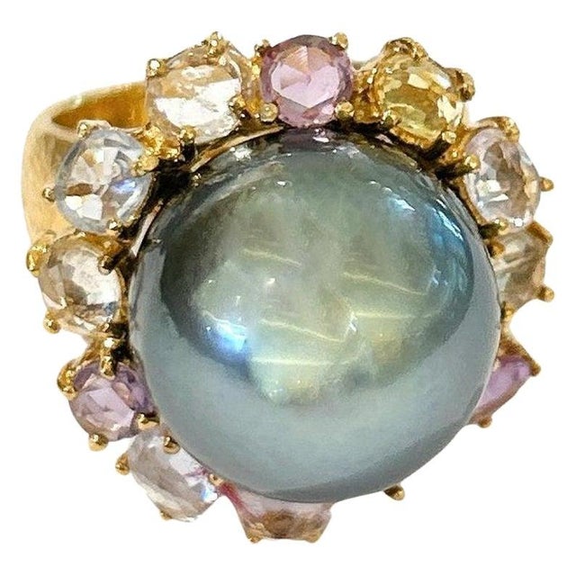 Bochic "Orient" Tahiti Pearl & Multi Color Sapphire Ring Set 18K Gold & Silver For Sale - Image 15 of 18