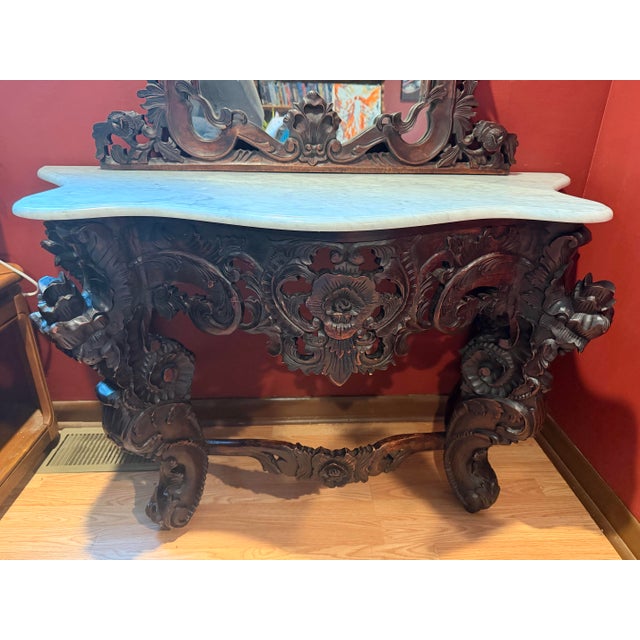 Rococo Design Toscano Hapsburg Solid Mahogany Rococo Console Table & Mirror Set - Genuine White Marble Top For Sale - Image 3 of 9