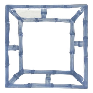Fret Rim Tray — Italian Hand-Painted Ceramic, Bamboo Motif, Slate Blue For Sale