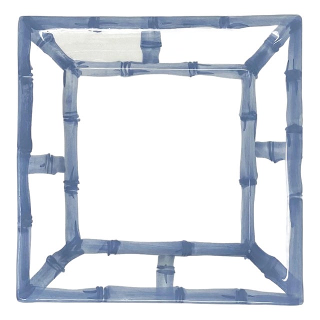Fret Rim Tray — Italian Hand-Painted Ceramic, Bamboo Motif, Slate Blue For Sale