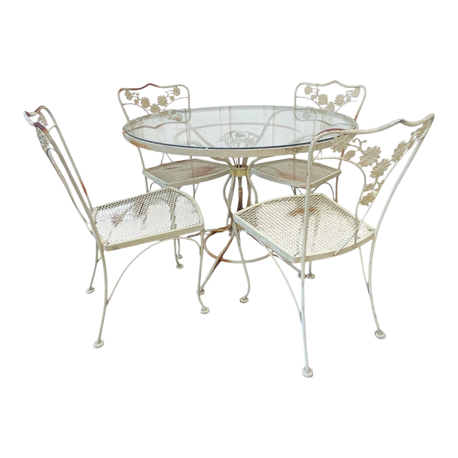 Vintage Mid Century Woodard Wrought Iron Daisy Pattern Table Glass