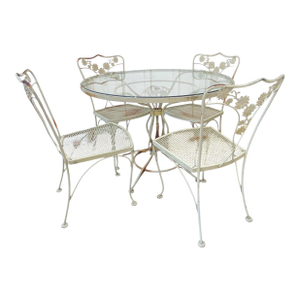 Vintage Mid Century Woodard Wrought Iron Daisy Pattern Table Glass Top & 4 Chairs