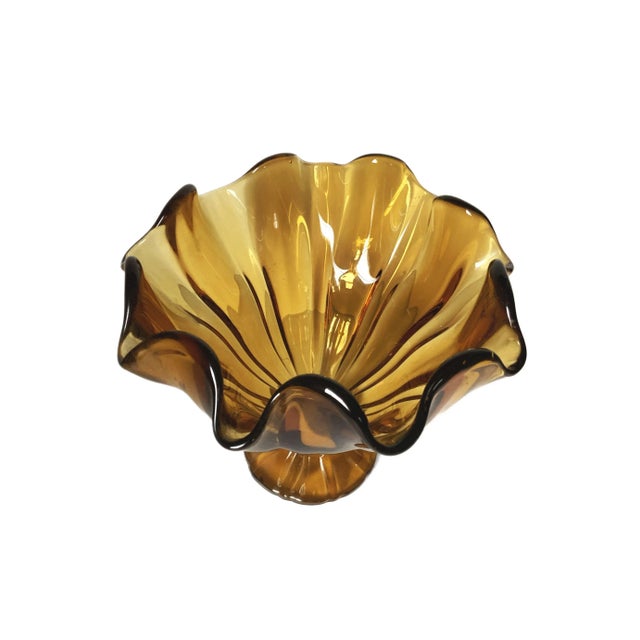 Mid-Century Modern Vintage Amber Art Glass Pedestal Dish Candy Dish Rufflle Edge Bowl Glass For Sale - Image 3 of 4