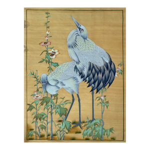 1960s Cranes Among Blossoms Vintage Painting on Golden Silk "31*41 Inches "