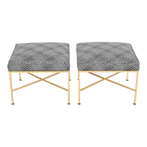 Paul McCobb for Directional X-Base Brass and Upholstered Stools or Ottomans, Newly Restored