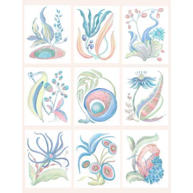 "Seaweed Fantasy Series" Contemporary Coastal Coral Reef Acrylic Paintings by Allison Cosmos - Set of 9 For Sale - Image 11 of 11