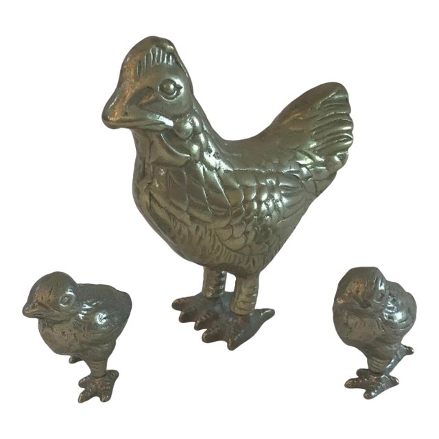 Vintage Brass Chicken With Two Chicks For Sale