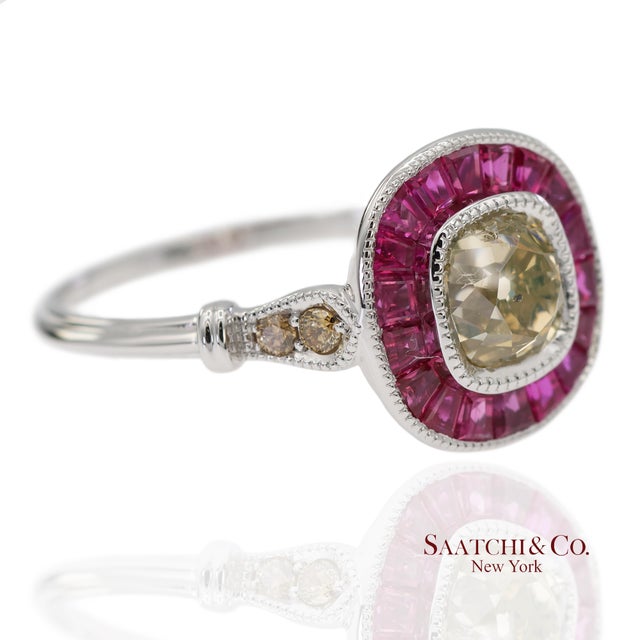 Contemporary Gia Certified 18k 750 Solid White Gold Natural Diamond and Ruby Engagement Ring, Size 7 For Sale - Image 3 of 11