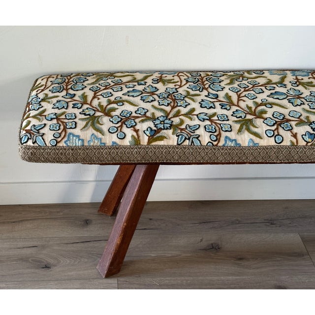 Vintage linen and blue floral crewel bench pillow in excellent condition.