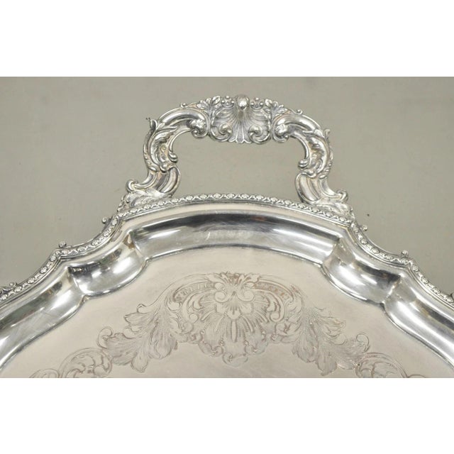 Victorian Antique English Victorian Silver Plated Ornate Oval Serving Platter Bar Tray For Sale - Image 3 of 11