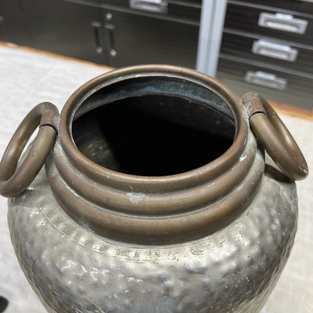 Chinoiserie Handmade Hammered Metal Vase / Jug With Brass Trim and Knocker Handles For Sale - Image 4 of 6