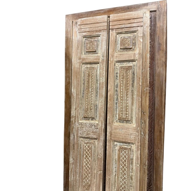 Mid-Century Modern Antique Hand-Carved Floral French Doors – Rustic Double Doors, Hinged or Sliding Barn Style 80x28 For Sale - Image 3 of 7