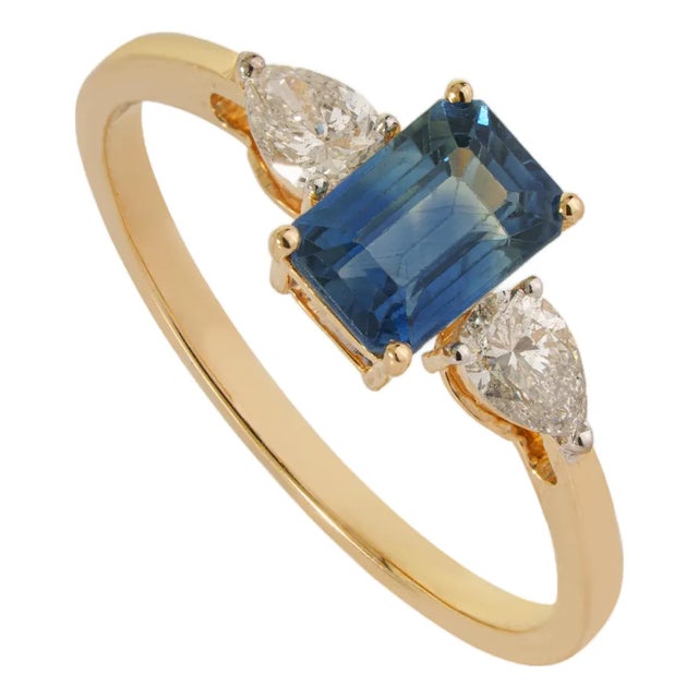 14k Gold 1.22ct Octagon Blue Sapphire & Pear Diamonds Three Stone Ring Size 9 For Sale